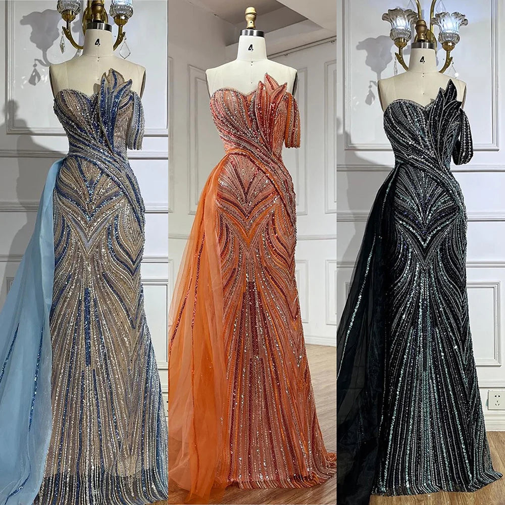 Luxury Dubai Arabic Blue One Shoulder Luxury Dubai Evening Gown with Side Overskirt Beaded Dress for Women's Party LA72662