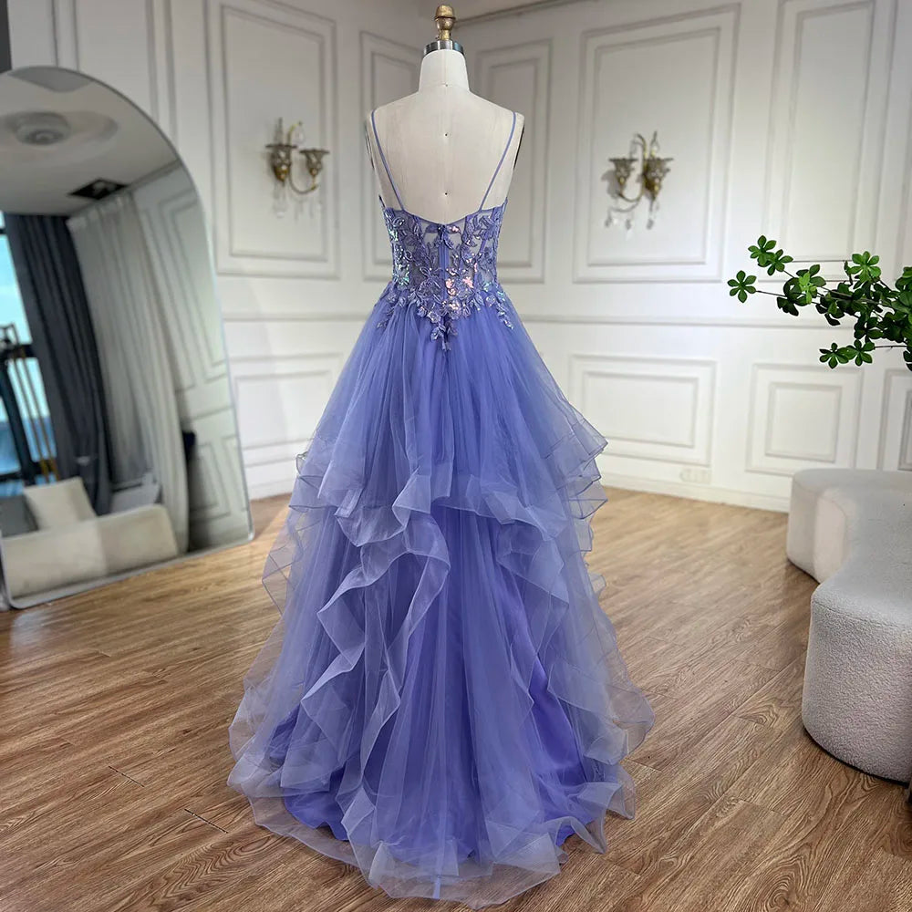 Serene Hill 2025 Arabic Blue Spaghetti Strap A-Line Tiered Lace Appliques Luxury Evening Dress for Women's Party LA72617