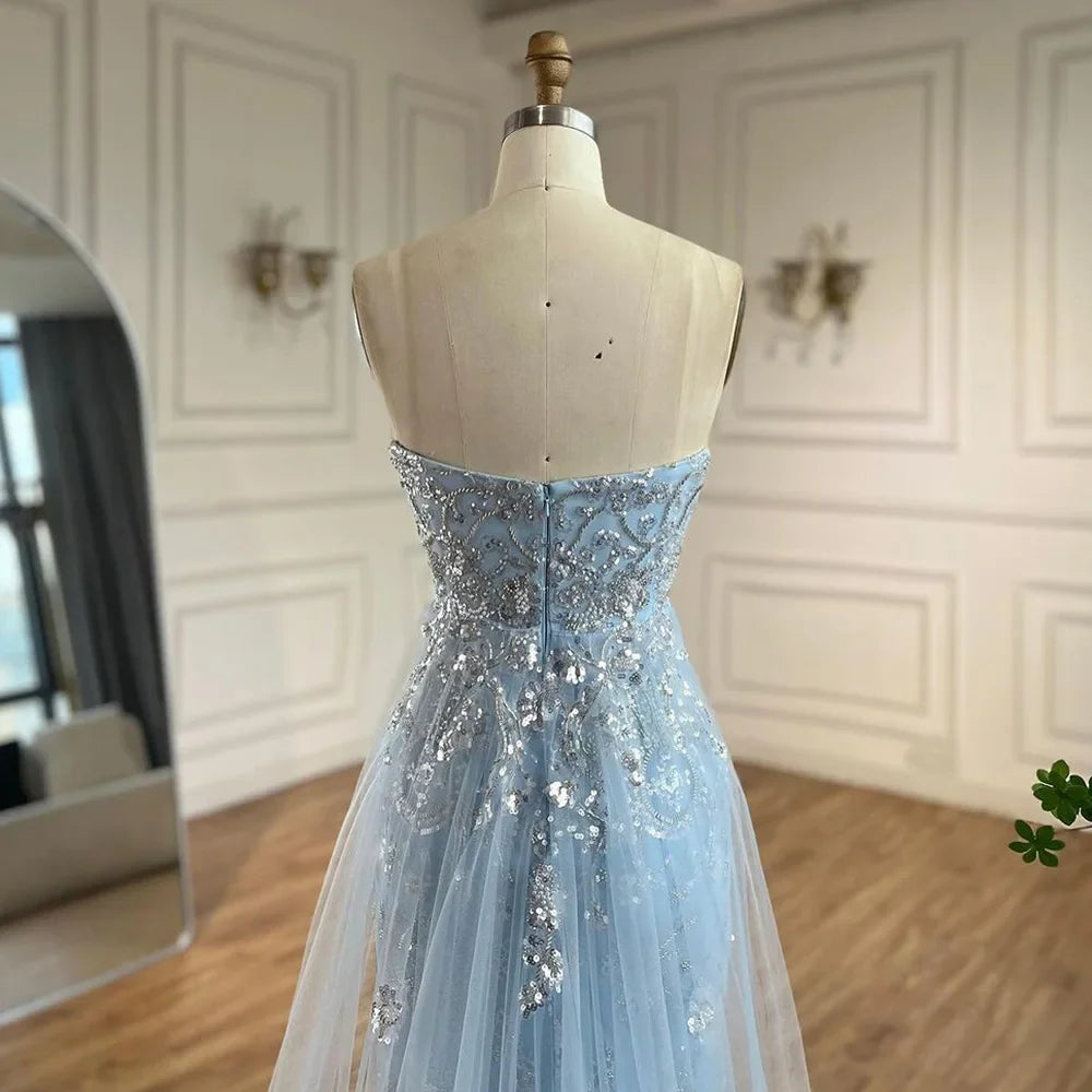 Serene Hill 2025 Arabic Blue Mermaid Luxury Evening Gown with Tulle Overskirt Beaded Dress for Women's Party LA72639