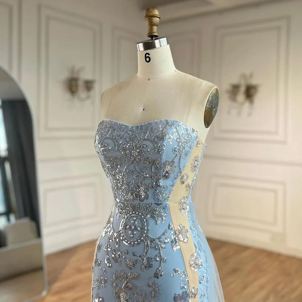 Serene Hill 2025 Arabic Blue Mermaid Luxury Evening Gown with Tulle Overskirt Beaded Dress for Women's Party LA72639