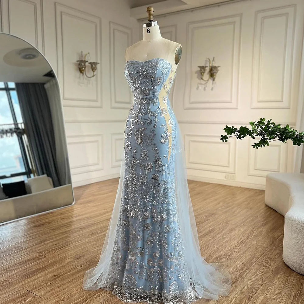 Serene Hill 2025 Arabic Blue Mermaid Luxury Evening Gown with Tulle Overskirt Beaded Dress for Women's Party LA72639
