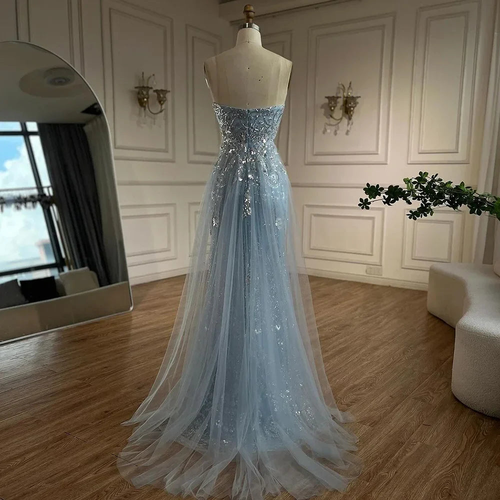 Serene Hill 2025 Arabic Blue Mermaid Luxury Evening Gown with Tulle Overskirt Beaded Dress for Women's Party LA72639
