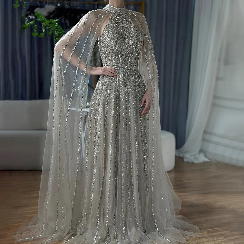 Luxury Caramel A-Line Cape Sleeve Beaded Evening Dress LA72306B