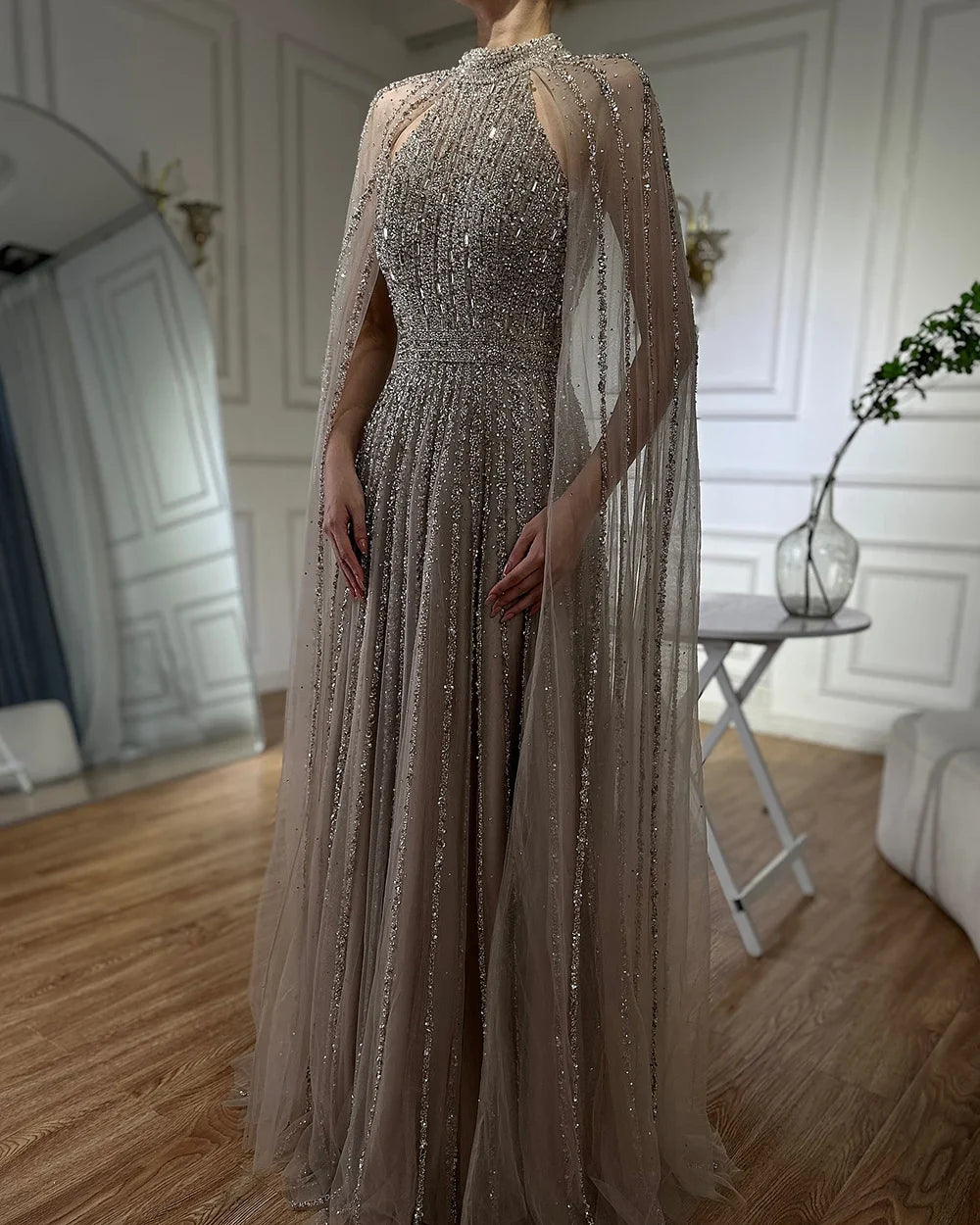 Luxury Caramel A-Line Cape Sleeve Beaded Evening Dress LA72306B