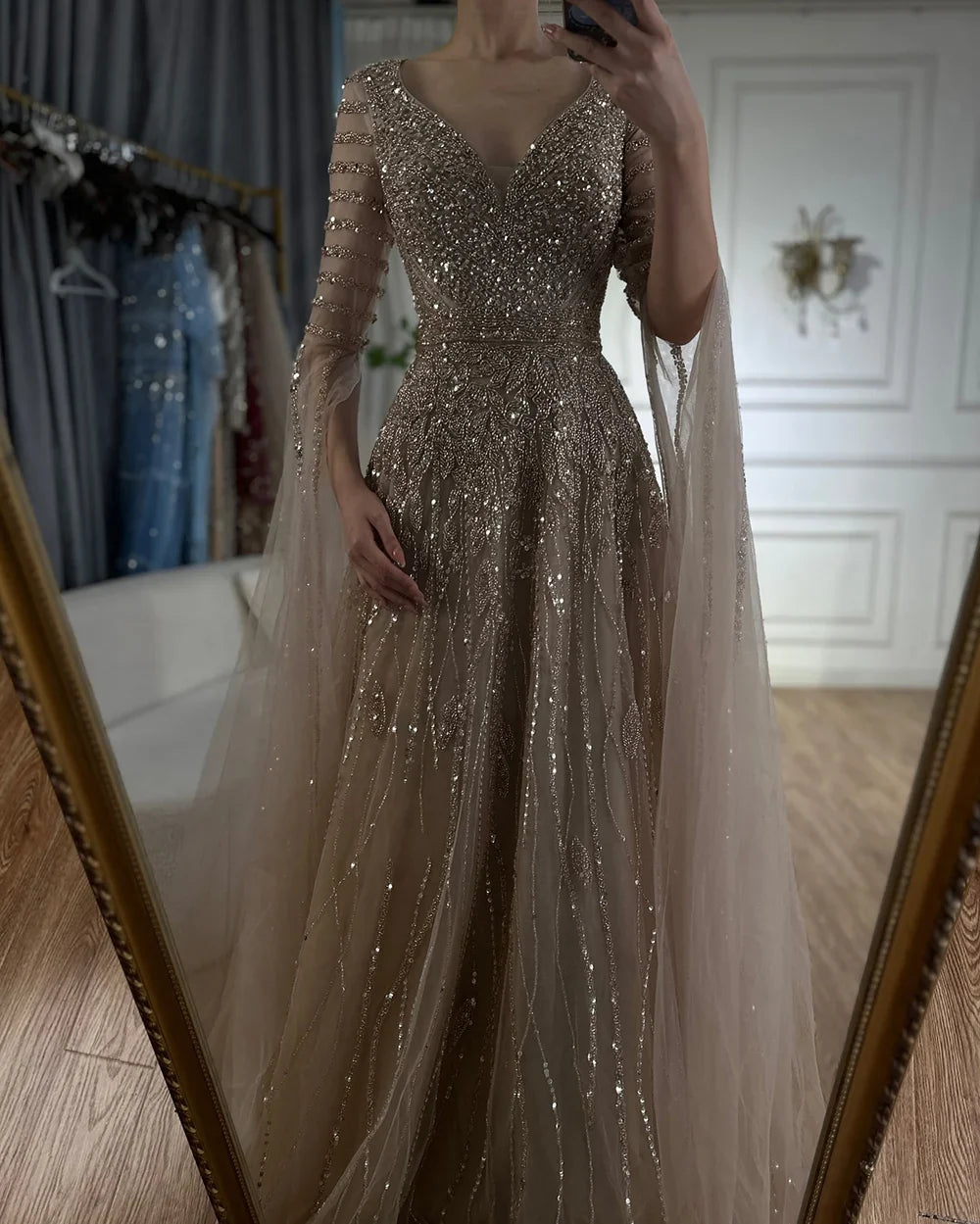 Luxury Dubai Arabic Caramel Elegant A-Line Beaded Long Evening Dresses Gowns with Cape Sleeves for Formal Occasion LA72750