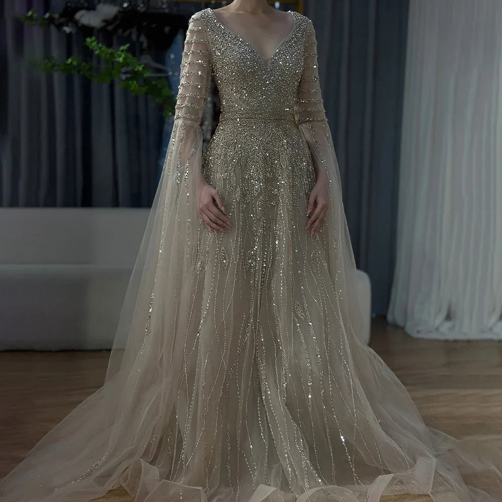 Luxury Dubai Arabic Caramel Elegant A-Line Beaded Long Evening Dresses Gowns with Cape Sleeves for Formal Occasion LA72750
