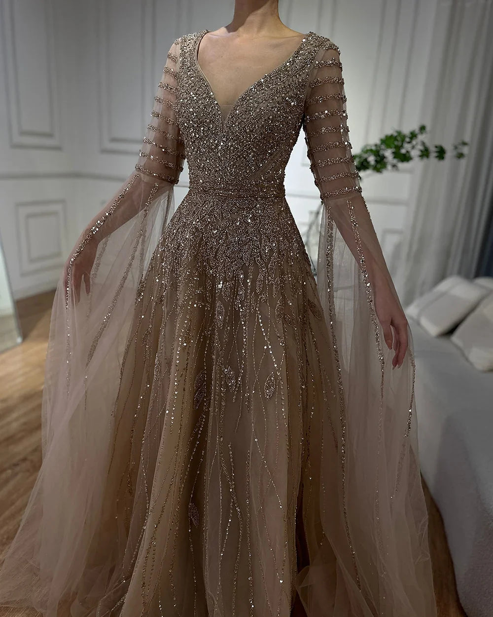 Luxury Dubai Arabic Caramel Elegant A-Line Beaded Long Evening Dresses Gowns with Cape Sleeves for Formal Occasion LA72750