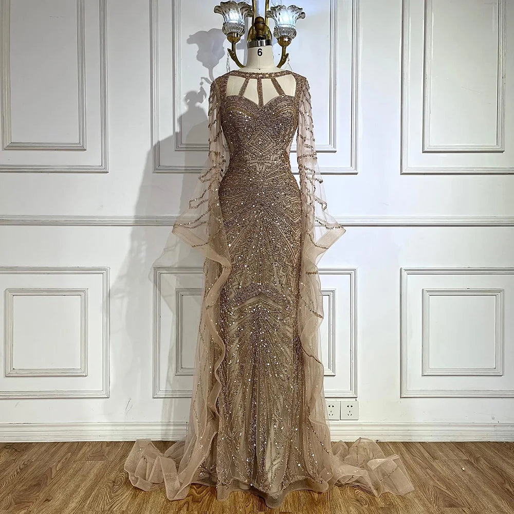 Serene Hill Arabic Caramel Mermaid Evening Dress with Beaded Elegant Cape Sleeves Gown for Formal Occasion LA72708