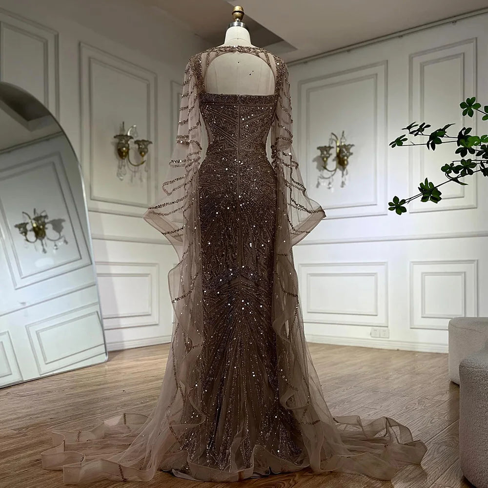 Serene Hill Arabic Caramel Mermaid Evening Dress with Beaded Elegant Cape Sleeves Gown for Formal Occasion LA72708