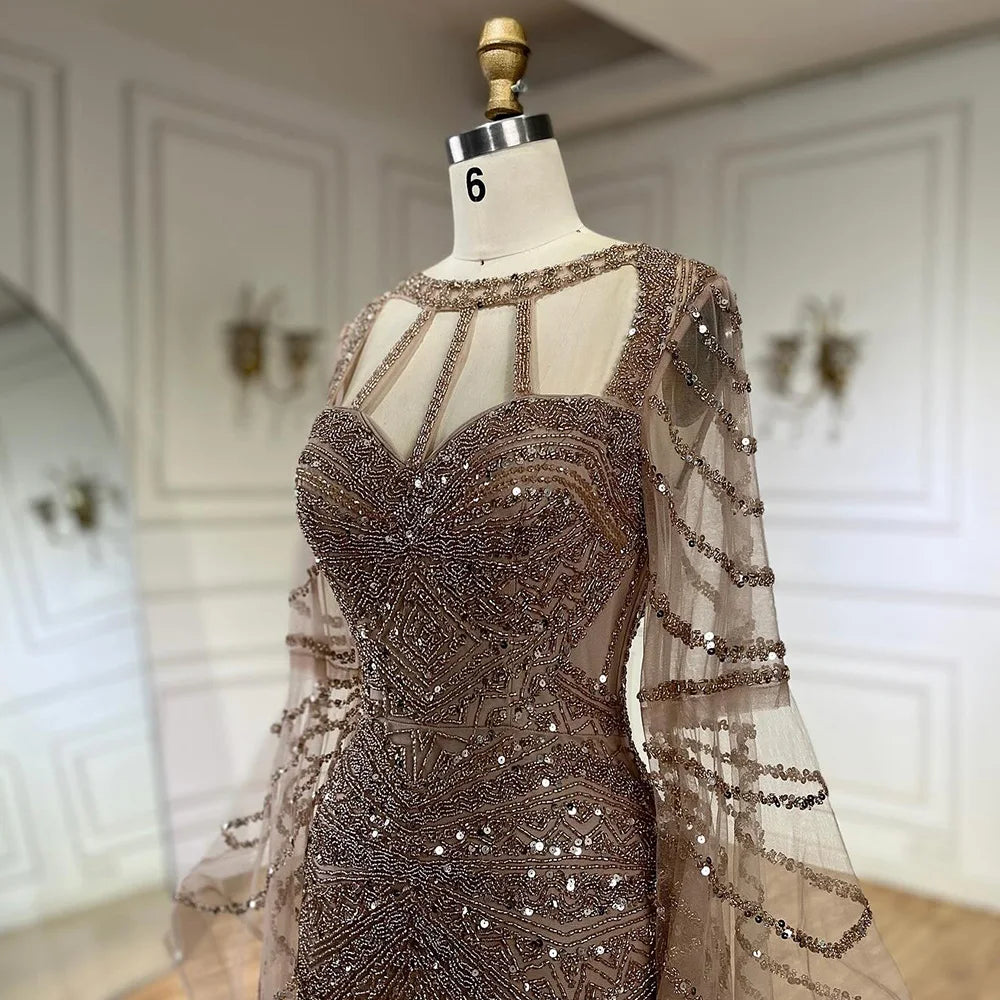 Serene Hill Arabic Caramel Mermaid Evening Dress with Beaded Elegant Cape Sleeves Gown for Formal Occasion LA72708