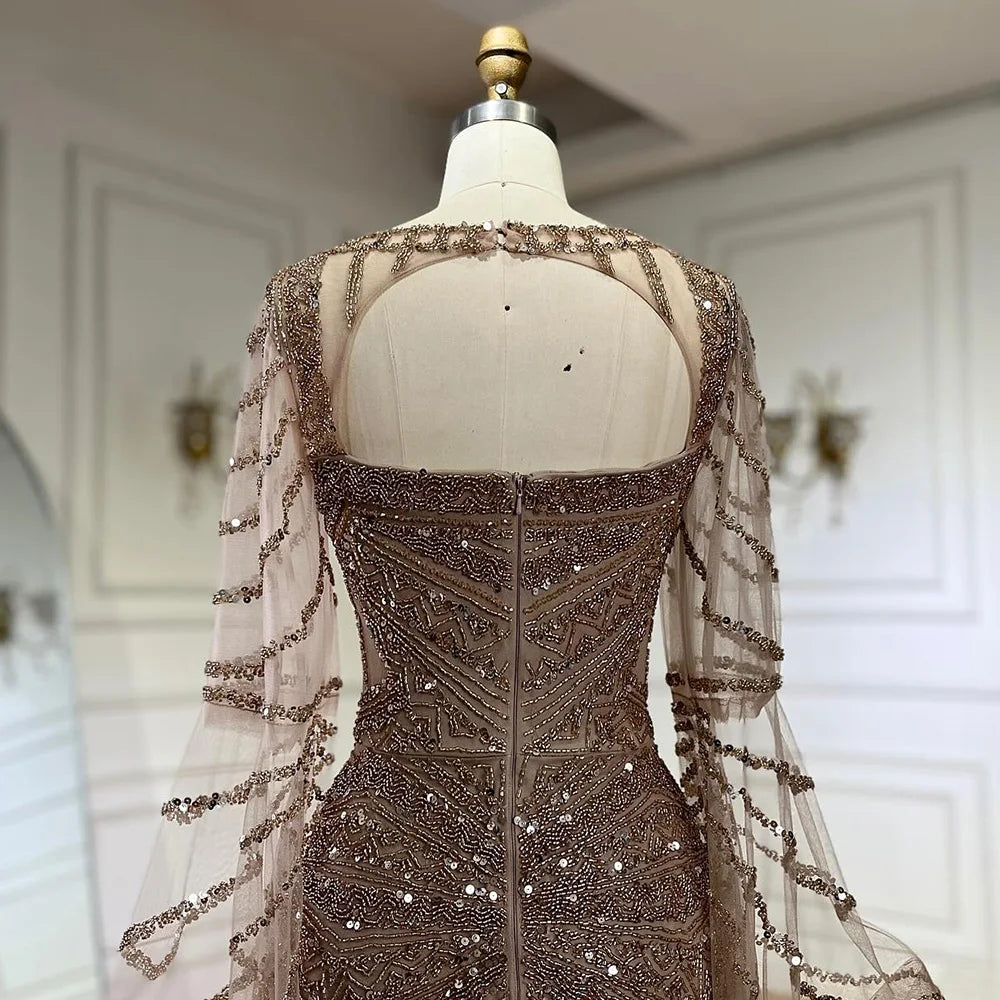 Serene Hill Arabic Caramel Mermaid Evening Dress with Beaded Elegant Cape Sleeves Gown for Formal Occasion LA72708