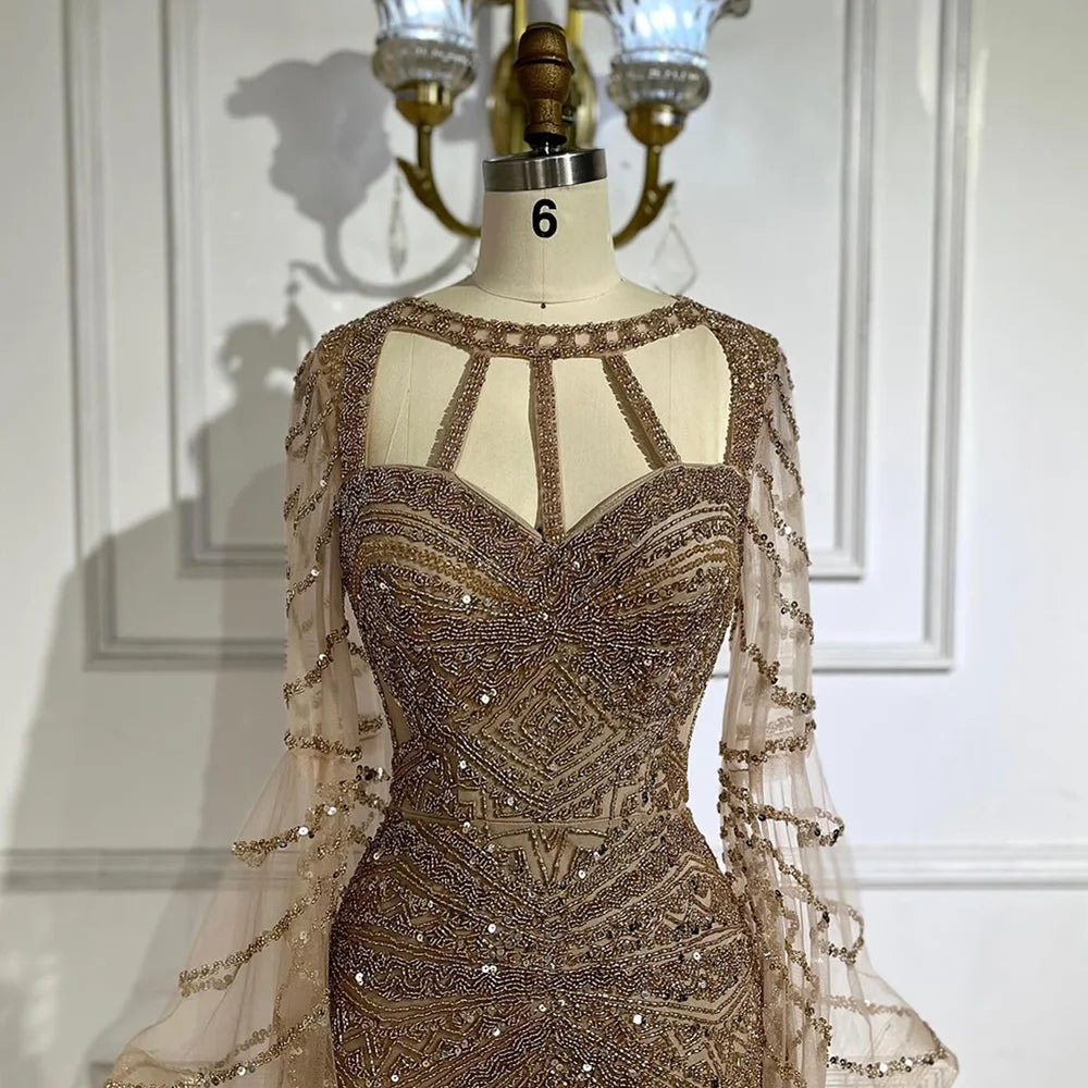 Serene Hill Arabic Caramel Mermaid Evening Dress with Beaded Elegant Cape Sleeves Gown for Formal Occasion LA72708