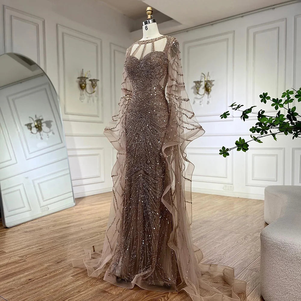 Serene Hill Arabic Caramel Mermaid Evening Dress with Beaded Elegant Cape Sleeves Gown for Formal Occasion LA72708