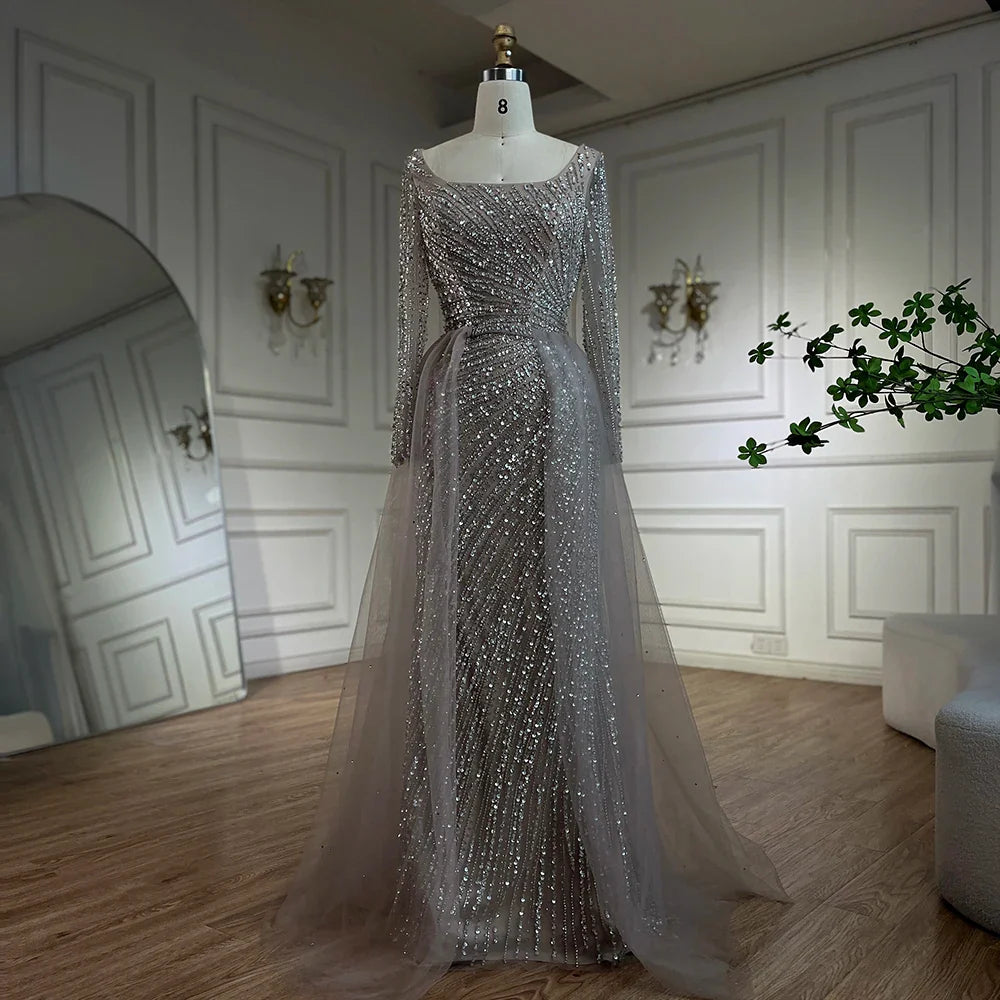 Serene Hill 2025 Arabic Dubai Silver Gray Mermaid Detachable Skirt Beaded Luxury Evening Dresses Gowns for Women Party LA71618L