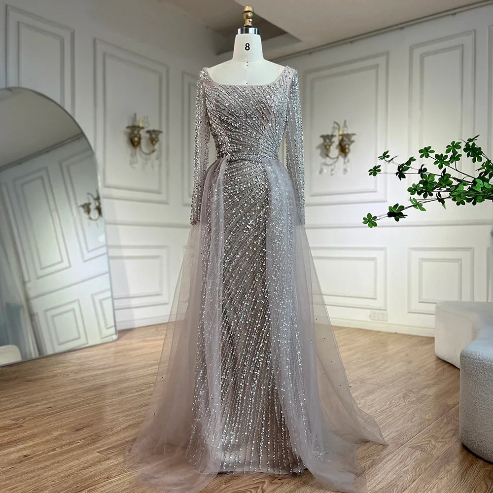 Serene Hill 2025 Arabic Dubai Silver Gray Mermaid Detachable Skirt Beaded Luxury Evening Dresses Gowns for Women Party LA71618L