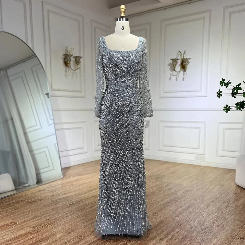 Serene Hill 2025 Arabic Dubai Silver Gray Mermaid Detachable Skirt Beaded Luxury Evening Dresses Gowns for Women Party LA71618L