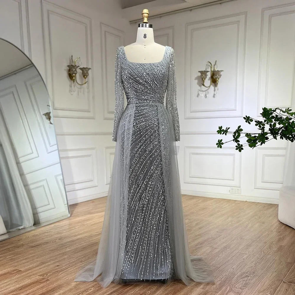 Serene Hill 2025 Arabic Dubai Silver Gray Mermaid Detachable Skirt Beaded Luxury Evening Dresses Gowns for Women Party LA71618L