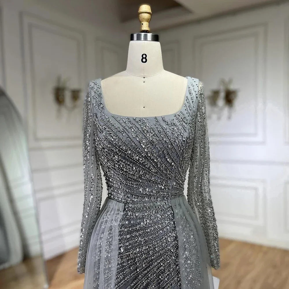 Serene Hill 2025 Arabic Dubai Silver Gray Mermaid Detachable Skirt Beaded Luxury Evening Dresses Gowns for Women Party LA71618L