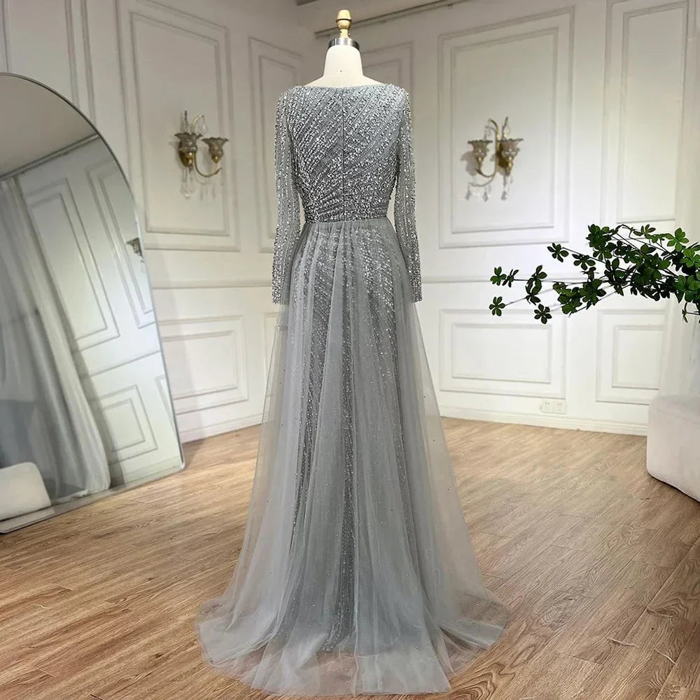 Serene Hill 2025 Arabic Dubai Silver Gray Mermaid Detachable Skirt Beaded Luxury Evening Dresses Gowns for Women Party LA71618L