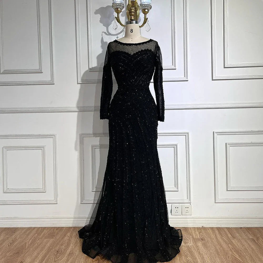 Luxury Dubai Arabic Elegant Black Mermaid Luxury Dubai Purple Evening Gown with Dress for Women's Party LA72656