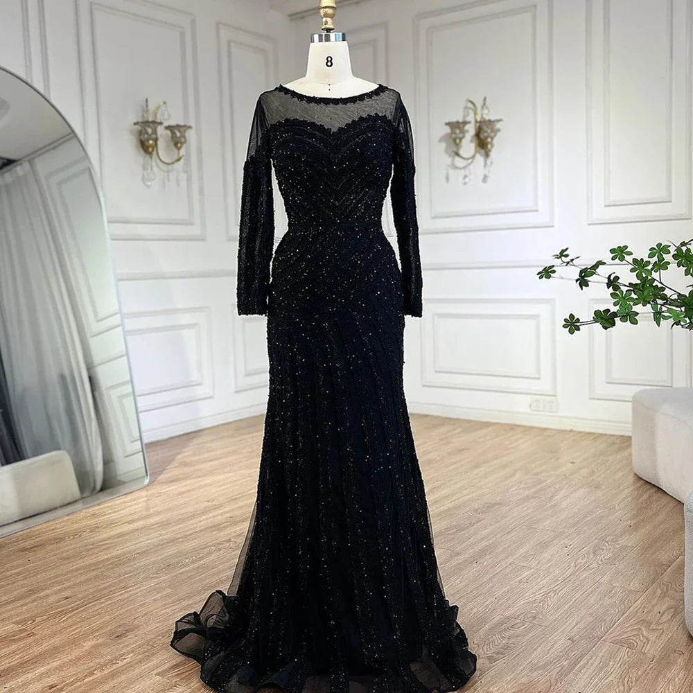 Luxury Dubai Arabic Elegant Black Mermaid Luxury Dubai Purple Evening Gown with Dress for Women's Party LA72656