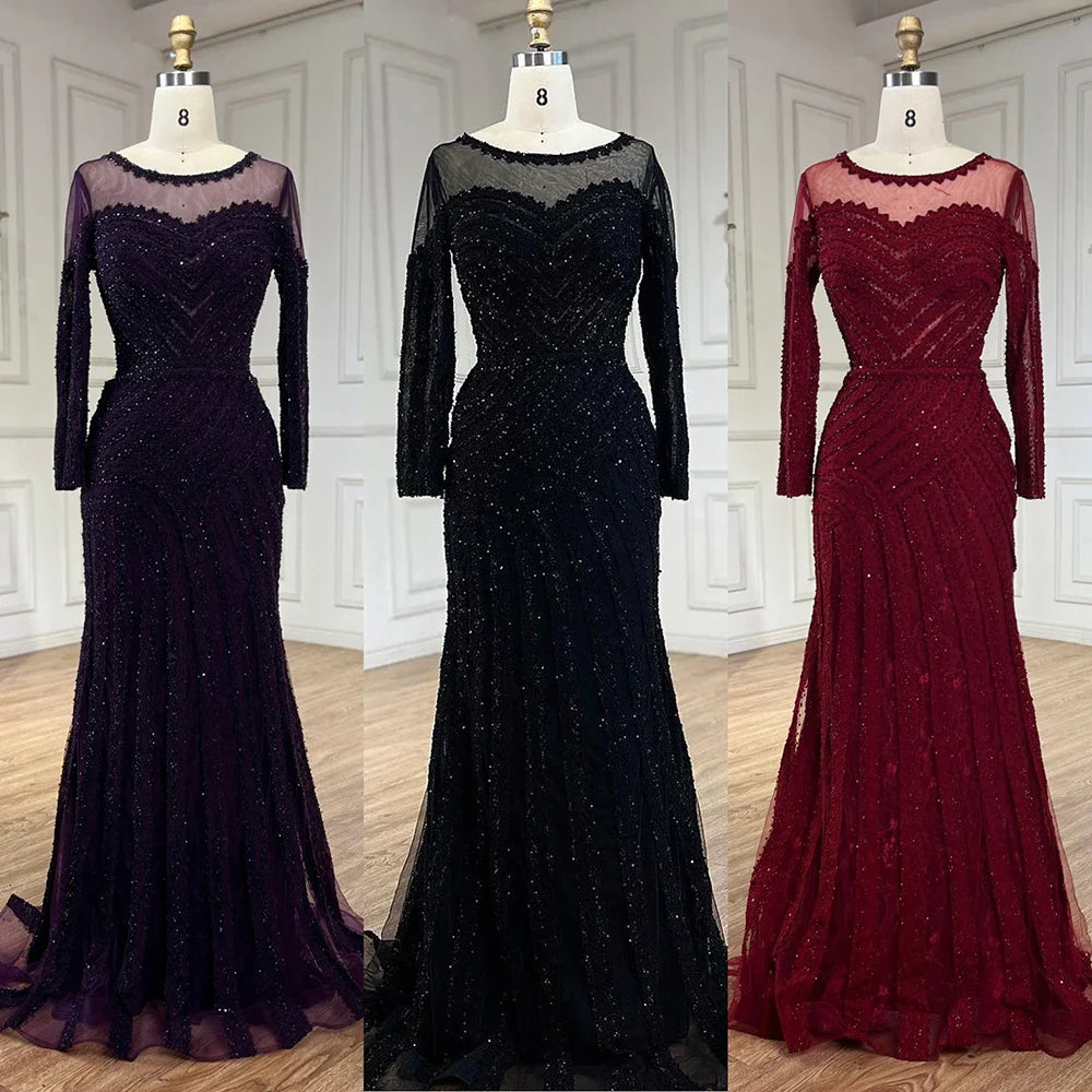 Luxury Dubai Arabic Elegant Black Mermaid Luxury Dubai Purple Evening Gown with Dress for Women's Party LA72656