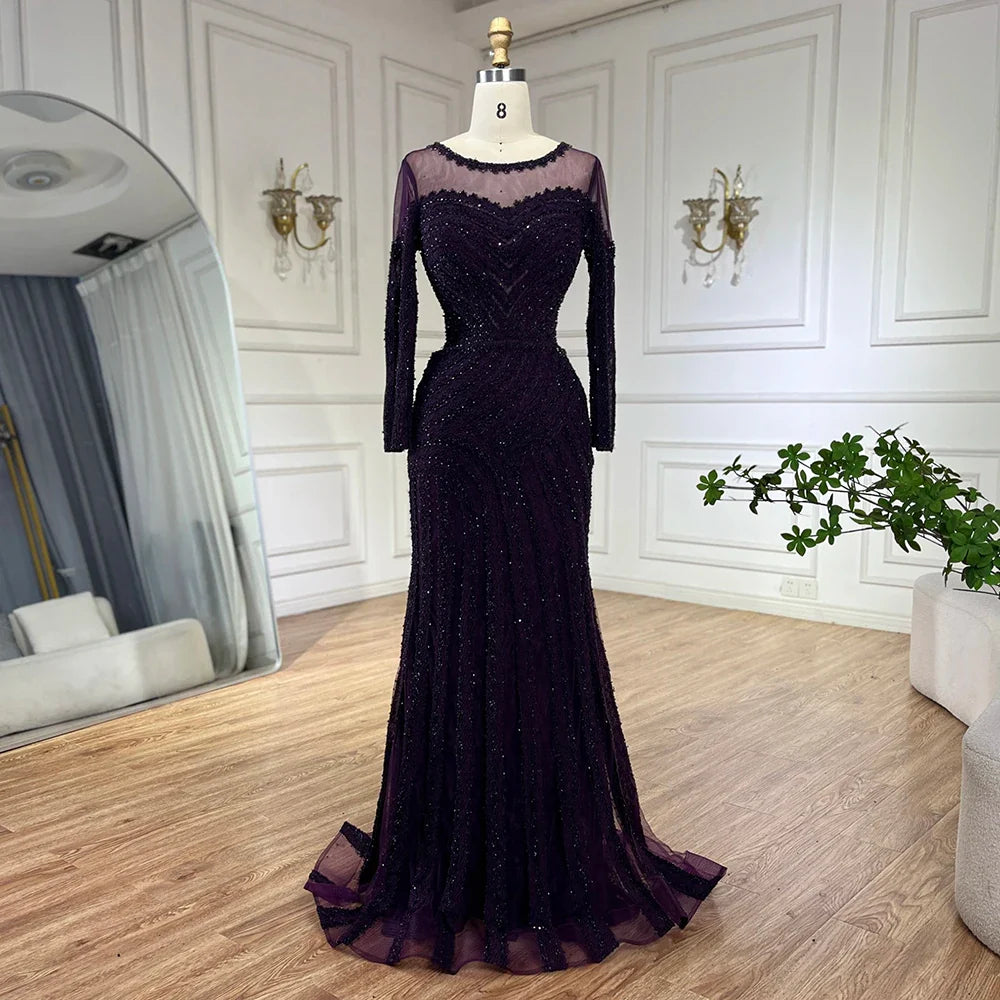 Luxury Dubai Arabic Elegant Black Mermaid Luxury Dubai Purple Evening Gown with Dress for Women's Party LA72656