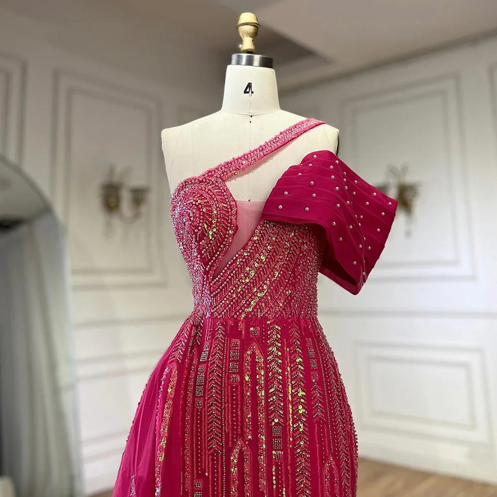 Serene Hill Arabic Fuchsia One Shoulder Blue Beaded Luxury Dubai Evening Gowns with Side Skirt for Women's Party LA72664