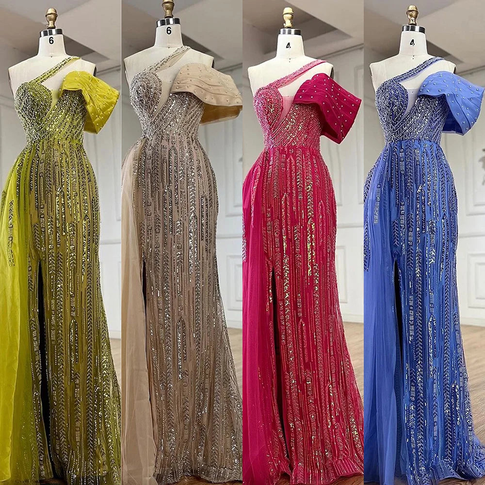 Serene Hill Arabic Fuchsia One Shoulder Blue Beaded Luxury Dubai Evening Gowns with Side Skirt for Women's Party LA72664