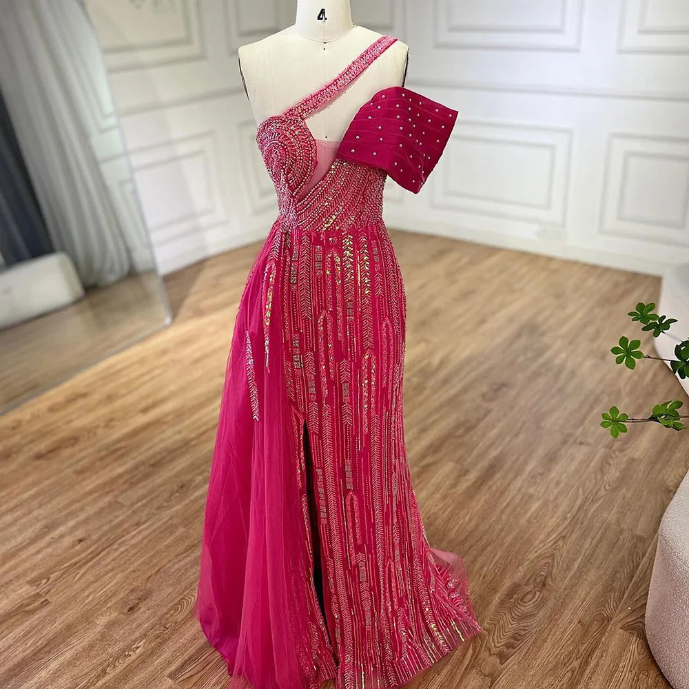 Serene Hill Arabic Fuchsia One Shoulder Blue Beaded Luxury Dubai Evening Gowns with Side Skirt for Women's Party LA72664
