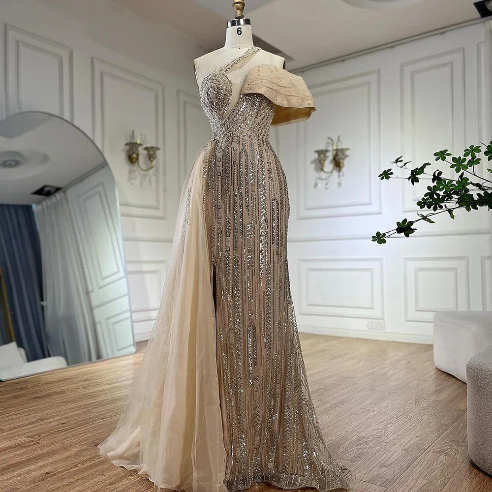 Serene Hill Arabic Fuchsia One Shoulder Blue Beaded Luxury Dubai Evening Gowns with Side Skirt for Women's Party LA72664