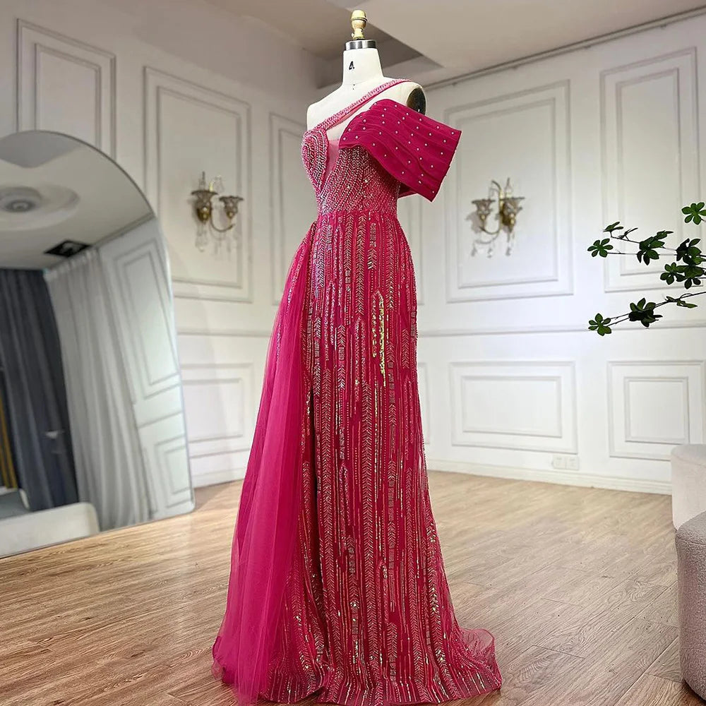 Serene Hill Arabic Fuchsia One Shoulder Blue Beaded Luxury Dubai Evening Gowns with Side Skirt for Women's Party LA72664