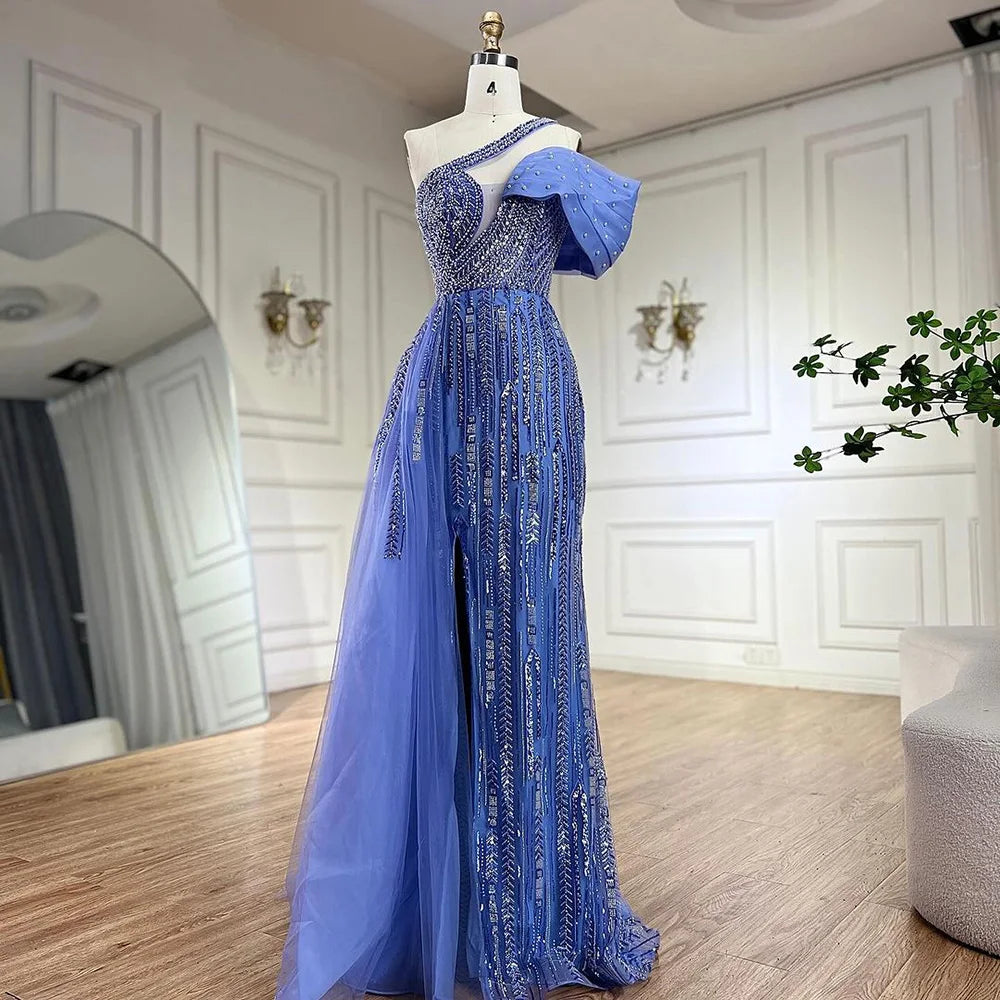 Serene Hill Arabic Fuchsia One Shoulder Blue Beaded Luxury Dubai Evening Gowns with Side Skirt for Women's Party LA72664