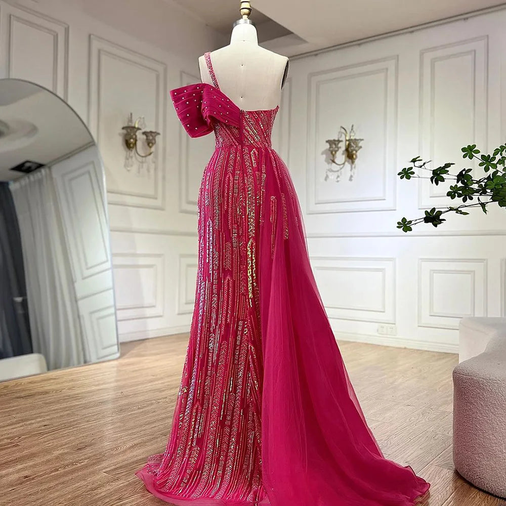 Serene Hill Arabic Fuchsia One Shoulder Blue Beaded Luxury Dubai Evening Gowns with Side Skirt for Women's Party LA72664
