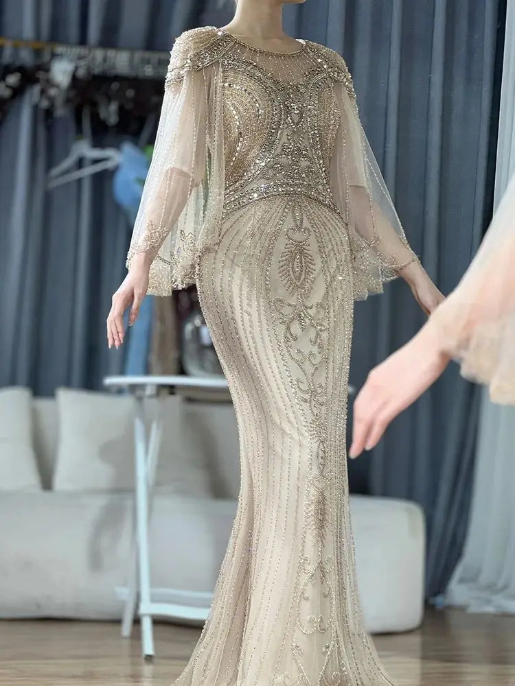 Luxury Dubai Arabic Gold Elegant Mermaid Beaded Long Evening Dresses Gowns for Formal Occasion LA72749