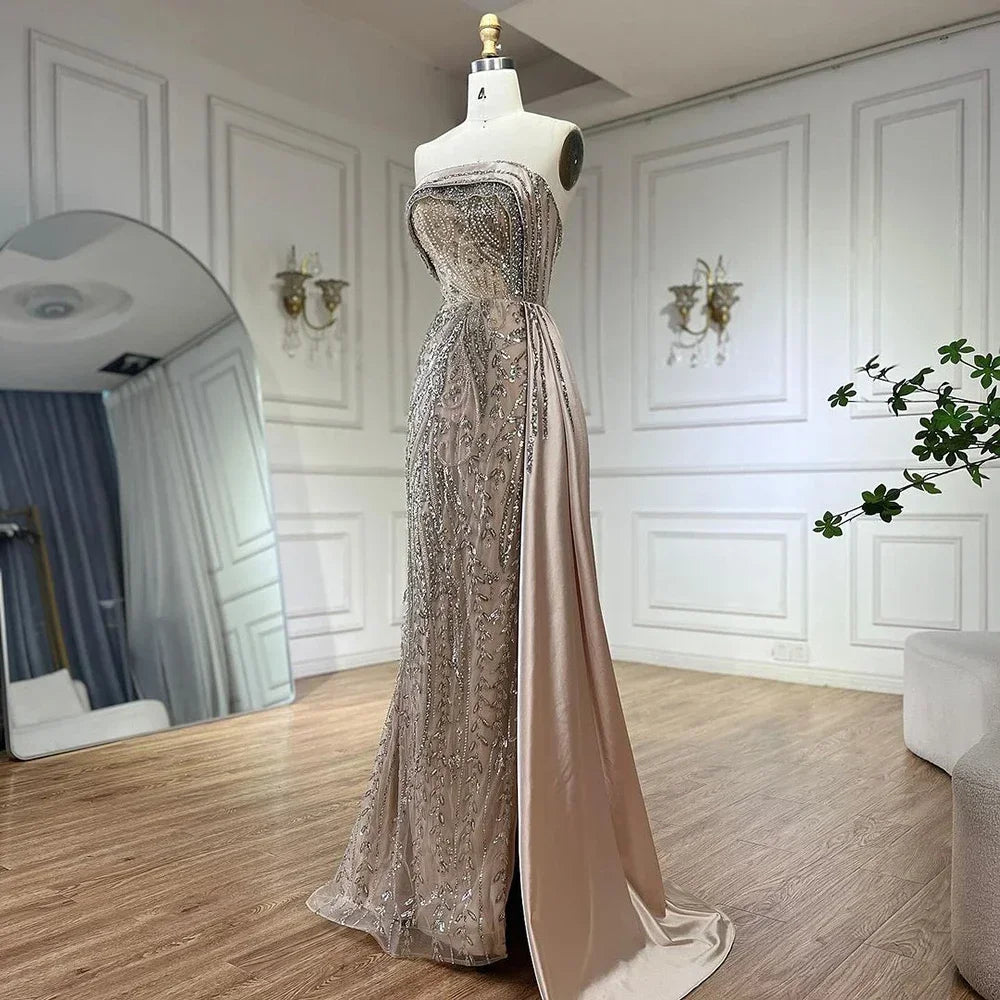 Serene Hill Arabic Nude Satin Mermaid Beaded Luxury Dubai Evening Gown with Side Skirt for Women's Party LA72665