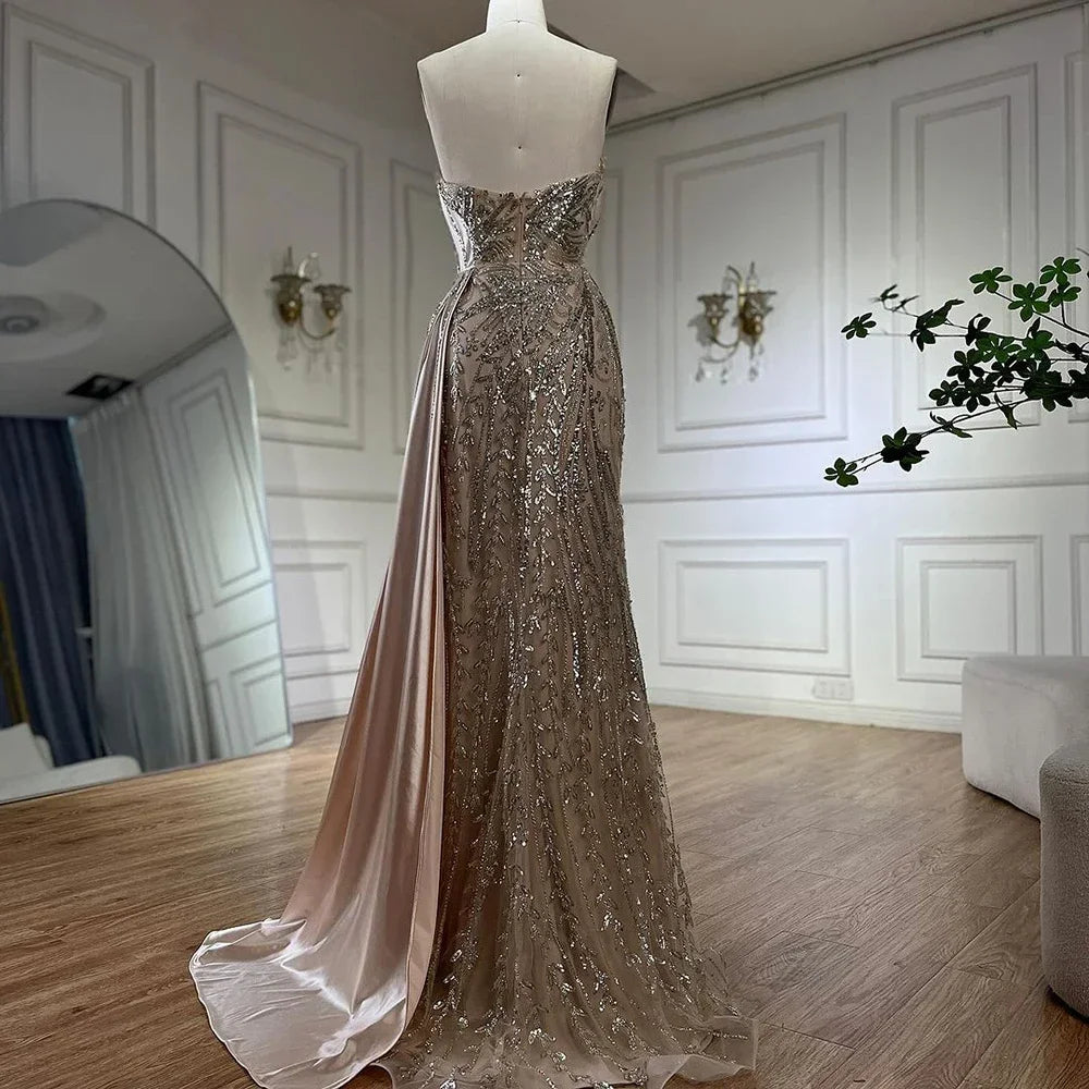 Serene Hill Arabic Nude Satin Mermaid Beaded Luxury Dubai Evening Gown with Side Skirt for Women's Party LA72665