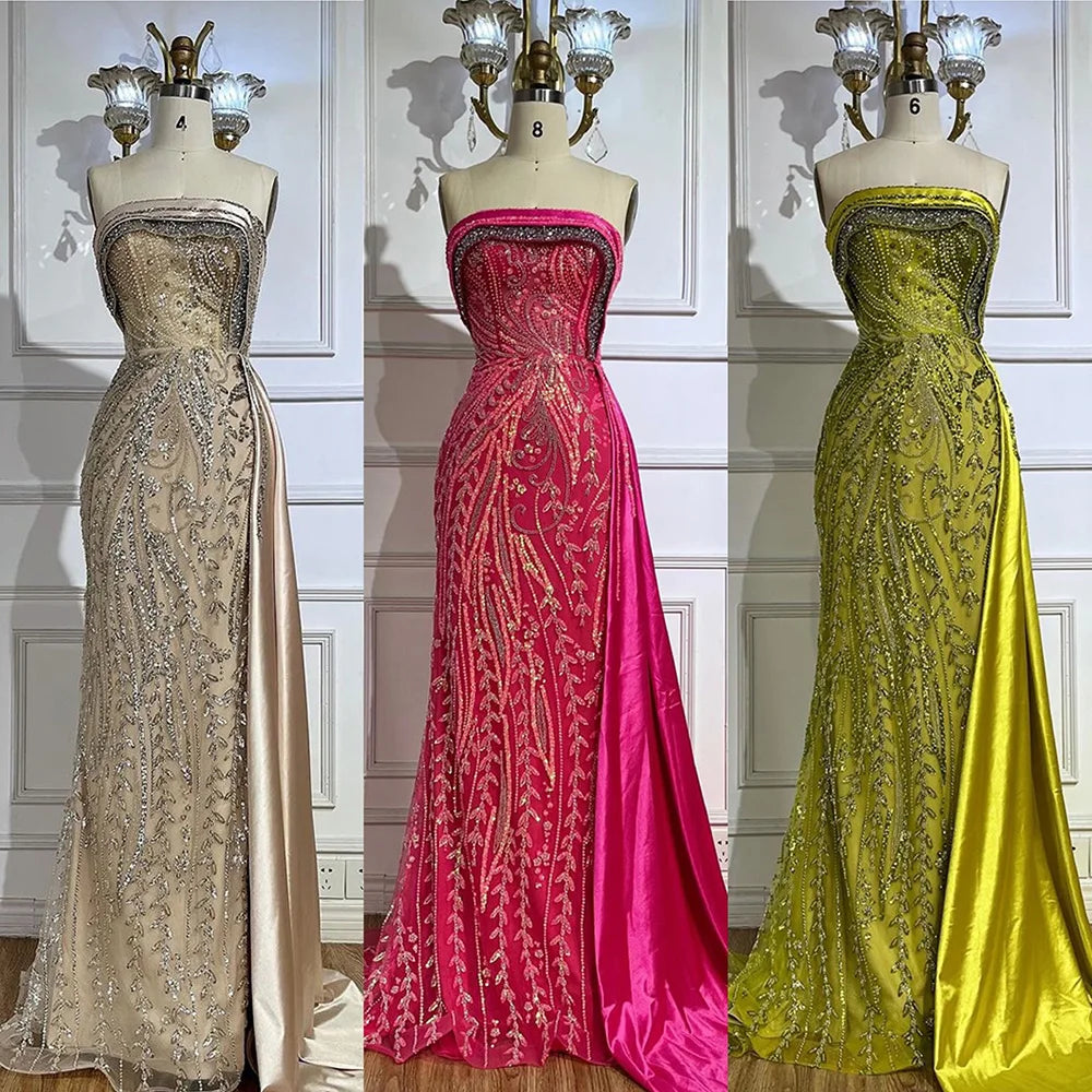 Serene Hill Arabic Nude Satin Mermaid Beaded Luxury Dubai Evening Gown with Side Skirt for Women's Party LA72665