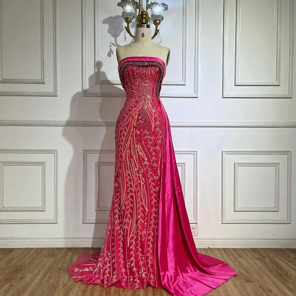 Serene Hill Arabic Nude Satin Mermaid Beaded Luxury Dubai Evening Gown with Side Skirt for Women's Party LA72665
