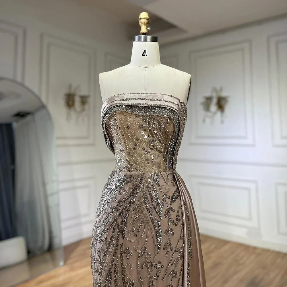 Serene Hill Arabic Nude Satin Mermaid Beaded Luxury Dubai Evening Gown with Side Skirt for Women's Party LA72665