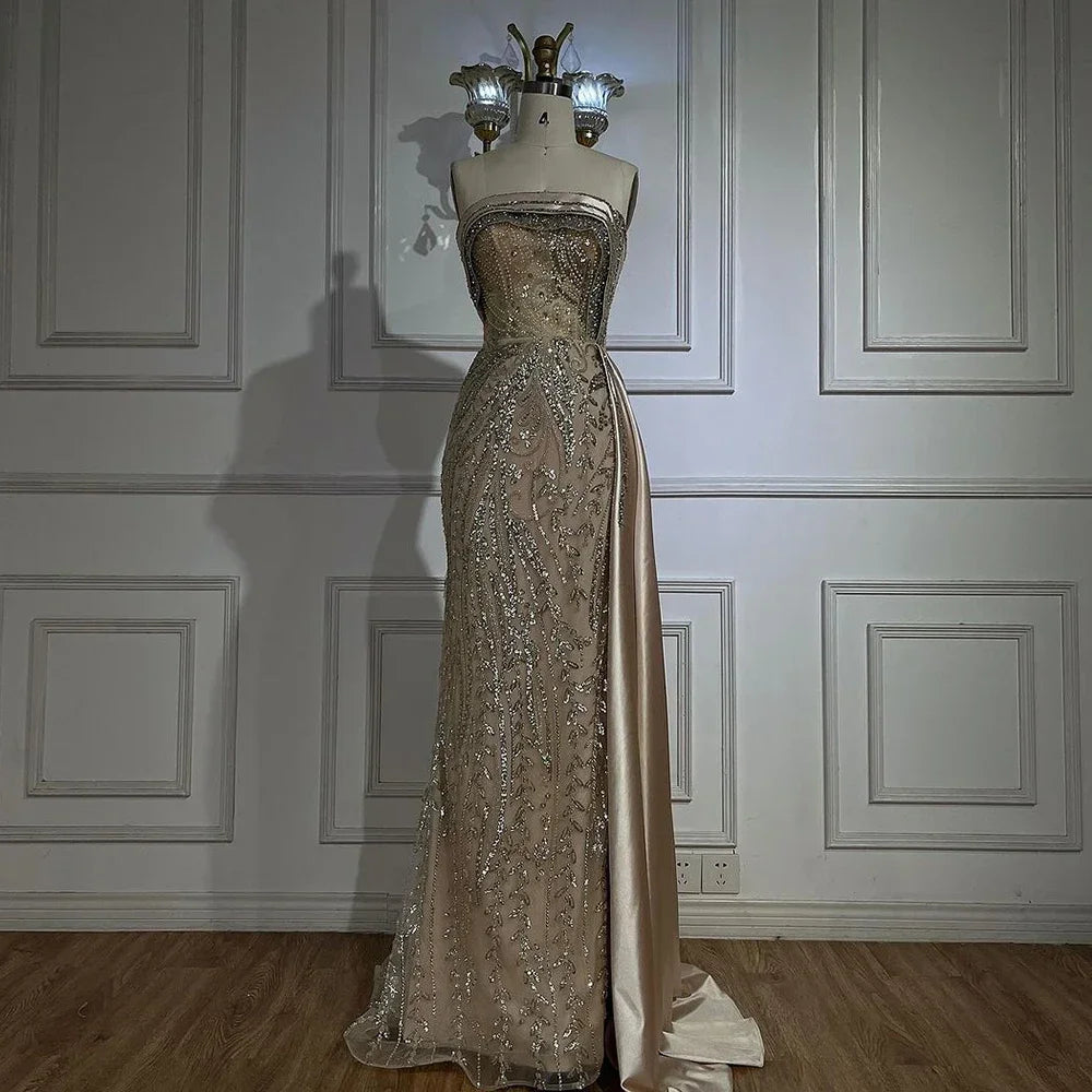 Serene Hill Arabic Nude Satin Mermaid Beaded Luxury Dubai Evening Gown with Side Skirt for Women's Party LA72665