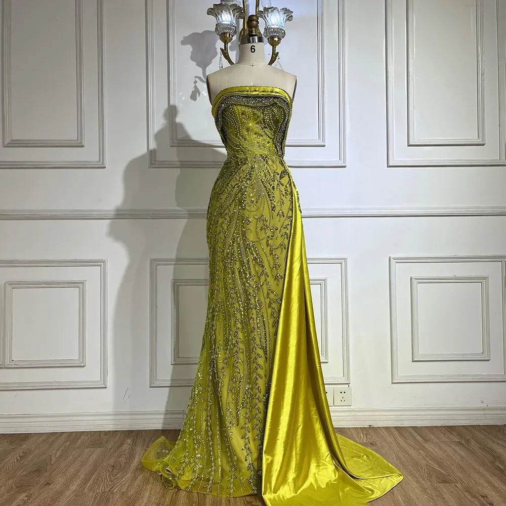 Serene Hill Arabic Nude Satin Mermaid Beaded Luxury Dubai Evening Gown with Side Skirt for Women's Party LA72665
