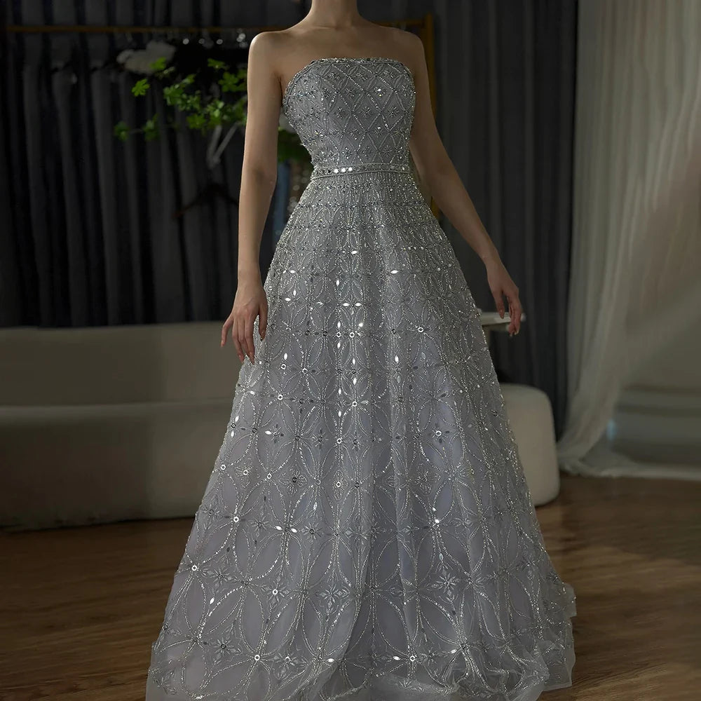 Luxury Dubai Arabic Gray A Line Elegant Beaded Long Evening Dresses Gowns for Formal Occasion LA72755