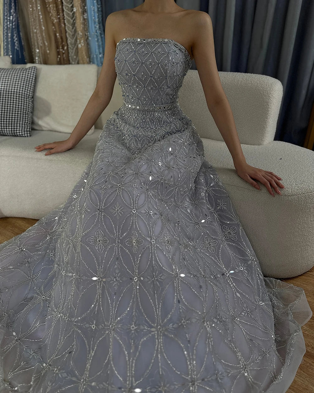 Luxury Dubai Arabic Gray A Line Elegant Beaded Long Evening Dresses Gowns for Formal Occasion LA72755
