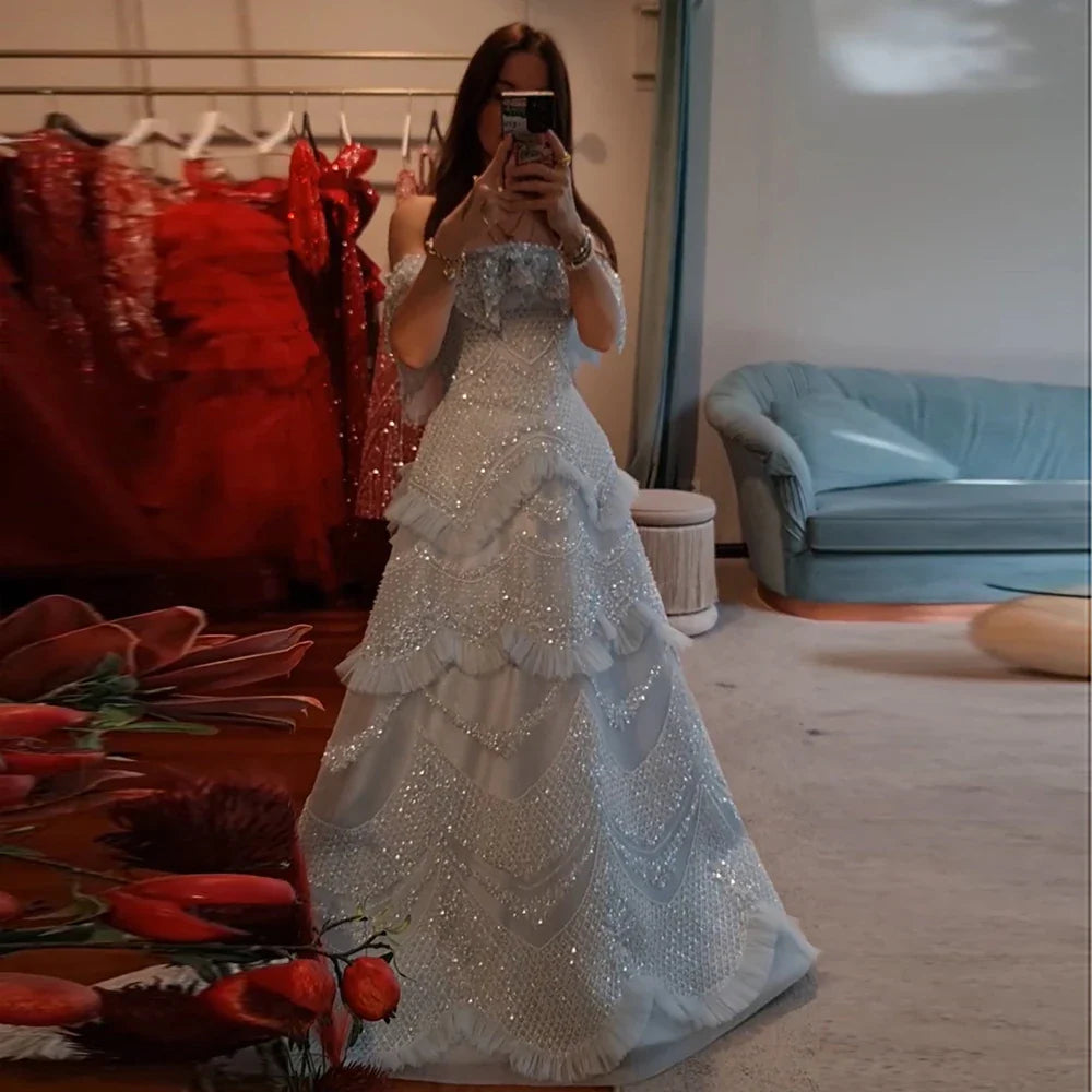 Luxury Dubai Arabic Gray A-Line Off-The-Shoulder Beaded Luxury Saudi Evening Gown for Formal Occasion LA72762