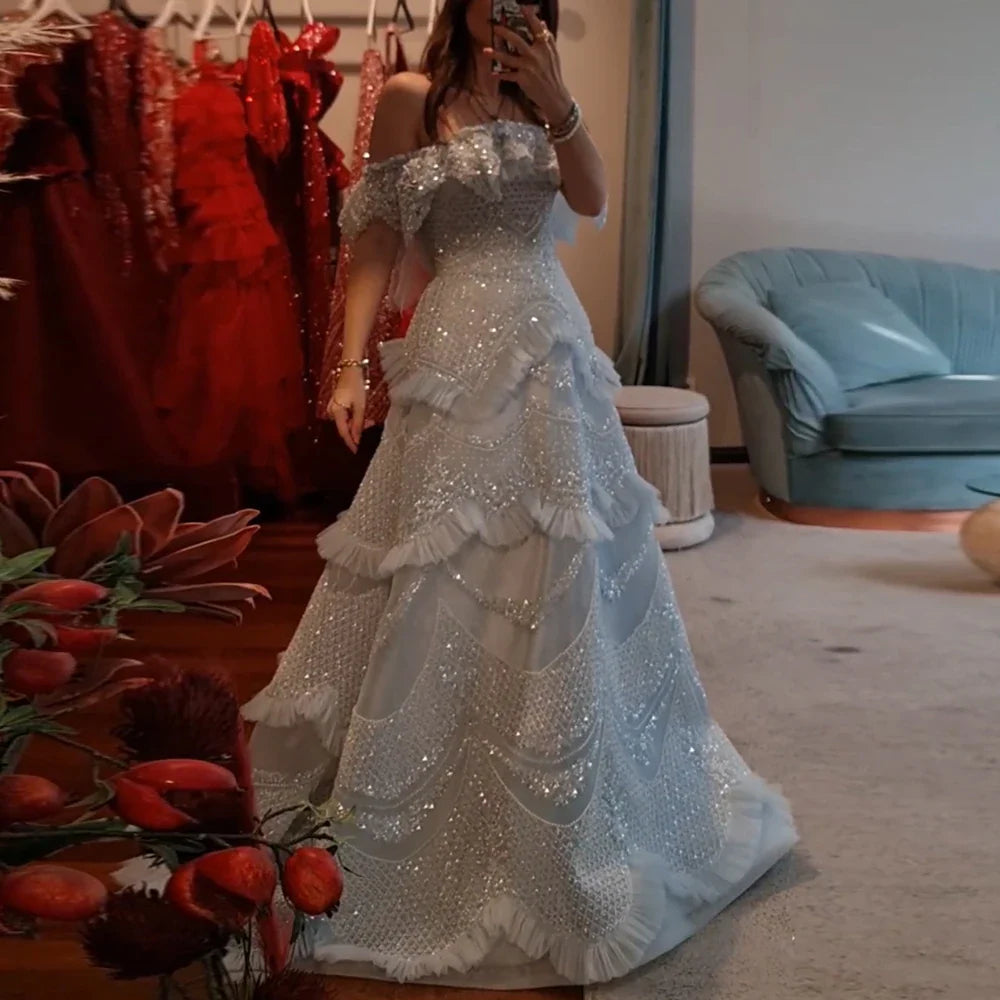 Luxury Dubai Arabic Gray A-Line Off-The-Shoulder Beaded Luxury Saudi Evening Gown for Formal Occasion LA72762