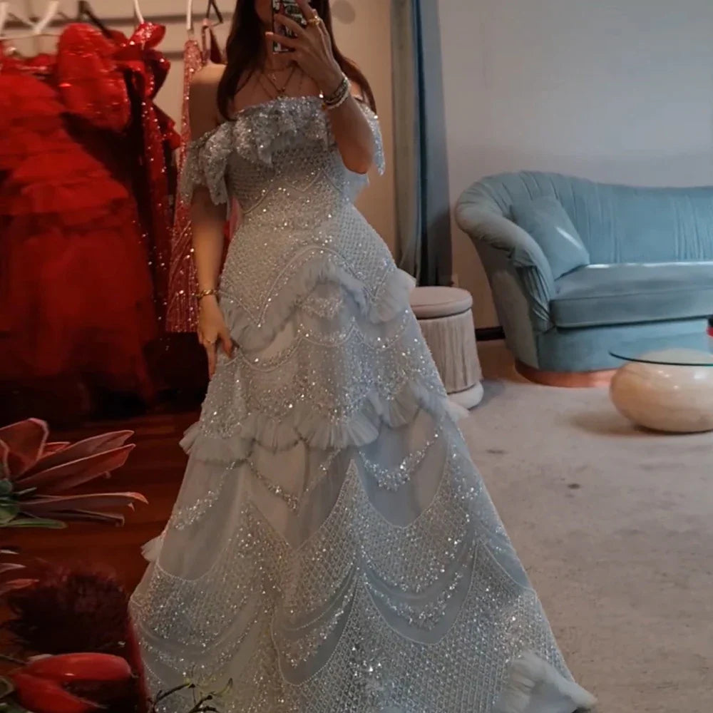 Luxury Dubai Arabic Gray A-Line Off-The-Shoulder Beaded Luxury Saudi Evening Gown for Formal Occasion LA72762