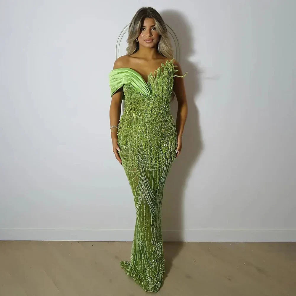 Luxury Dubai Arabic Green Mermaid Elegant One Shoulder Beaded Long Evening Dresses Gowns for Formal Occasion LA72650
