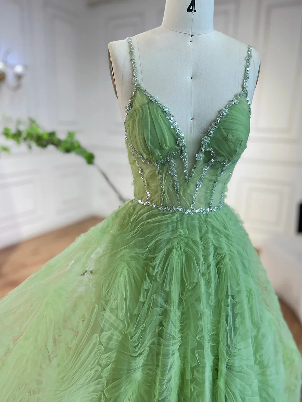 Serene Hill 2025 Arabic Sage Green Elegant Spaghetti Strap Backless A-Line Prom Dress for Women | Wedding Party LA72636