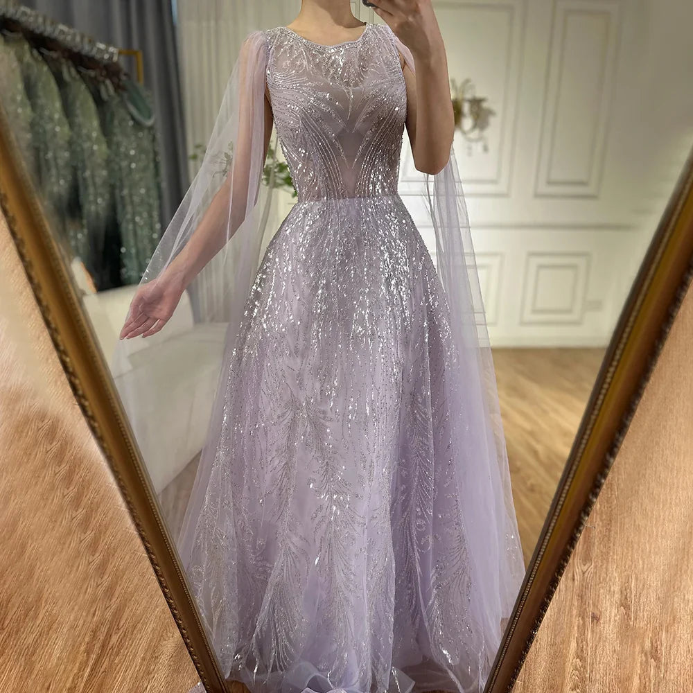 Luxury Dubai Arabic Lilac Elegant A-Line Beaded Long Evening Dresses Gowns with Cape Sleeves for Formal Occasion LA72744